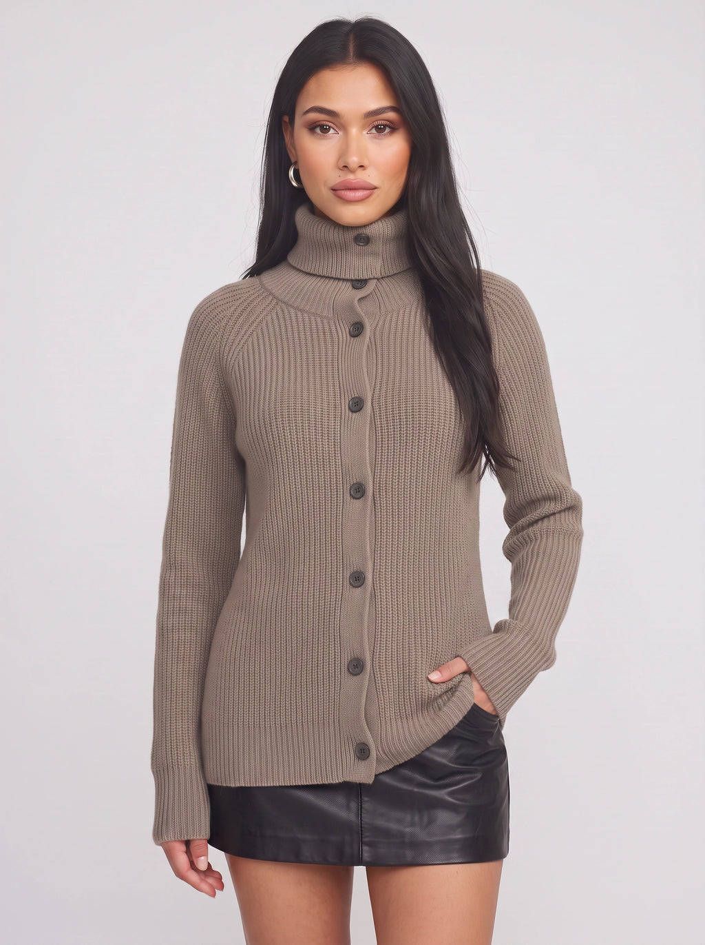 Costaline Button Front Ribbed Roll Neck Cardigan – Chunky Knit Women Casual Autumn Longline Turtleneck Cardigan
