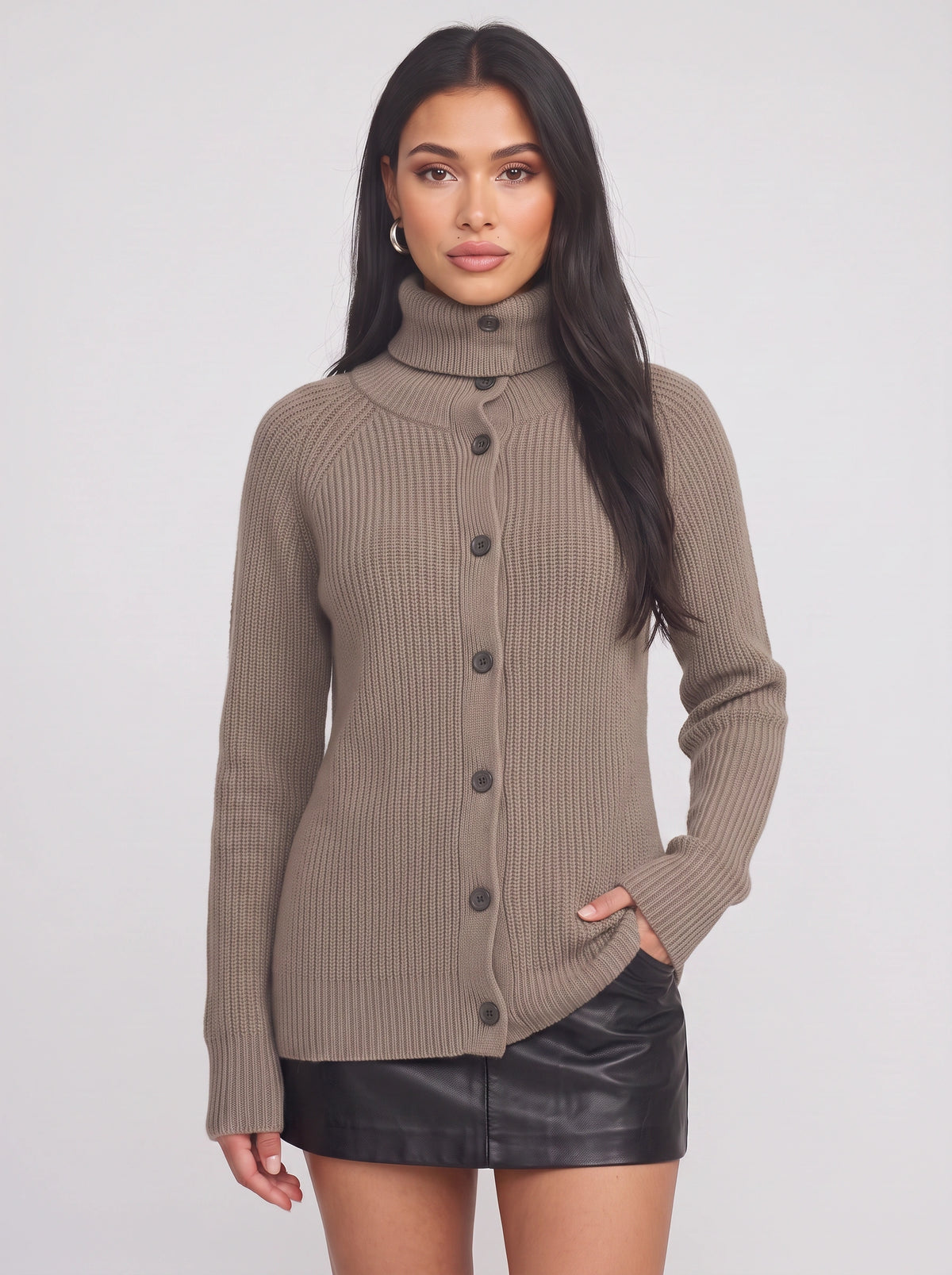 Costaline Button Front Ribbed Roll Neck Cardigan – Chunky Knit Women Casual Autumn Longline Turtleneck Cardigan