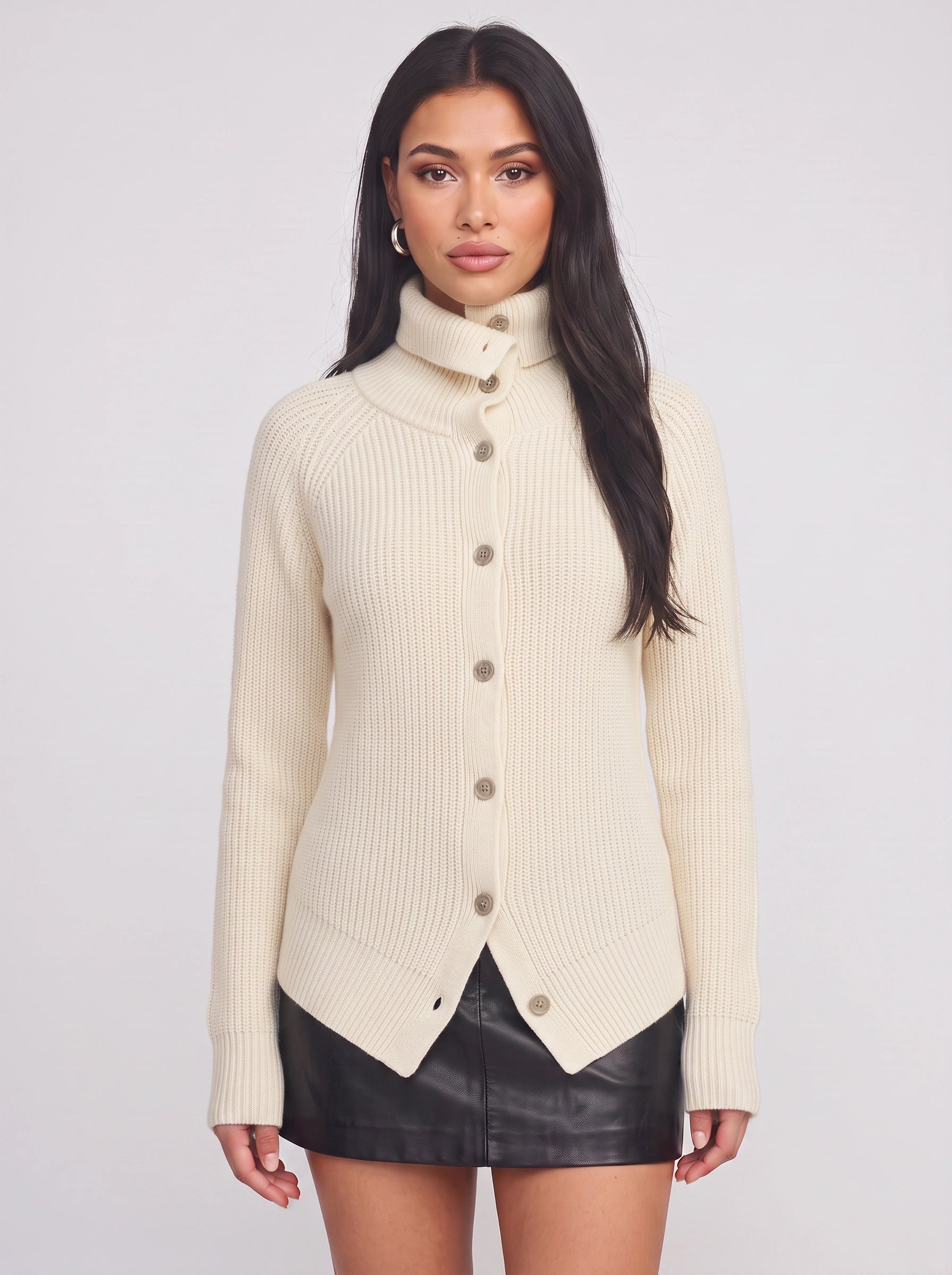 Costaline Button Front Ribbed Roll Neck Cardigan – Chunky Knit Women Casual Autumn Longline Turtleneck Cardigan