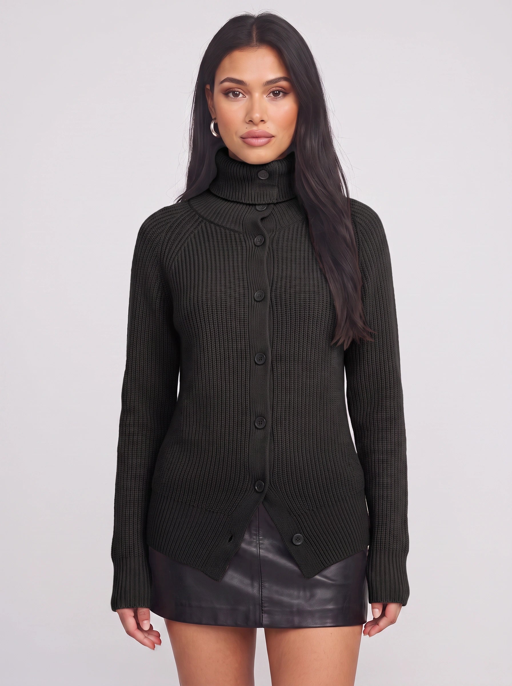 Costaline Button Front Ribbed Roll Neck Cardigan – Chunky Knit Women Casual Autumn Longline Turtleneck Cardigan