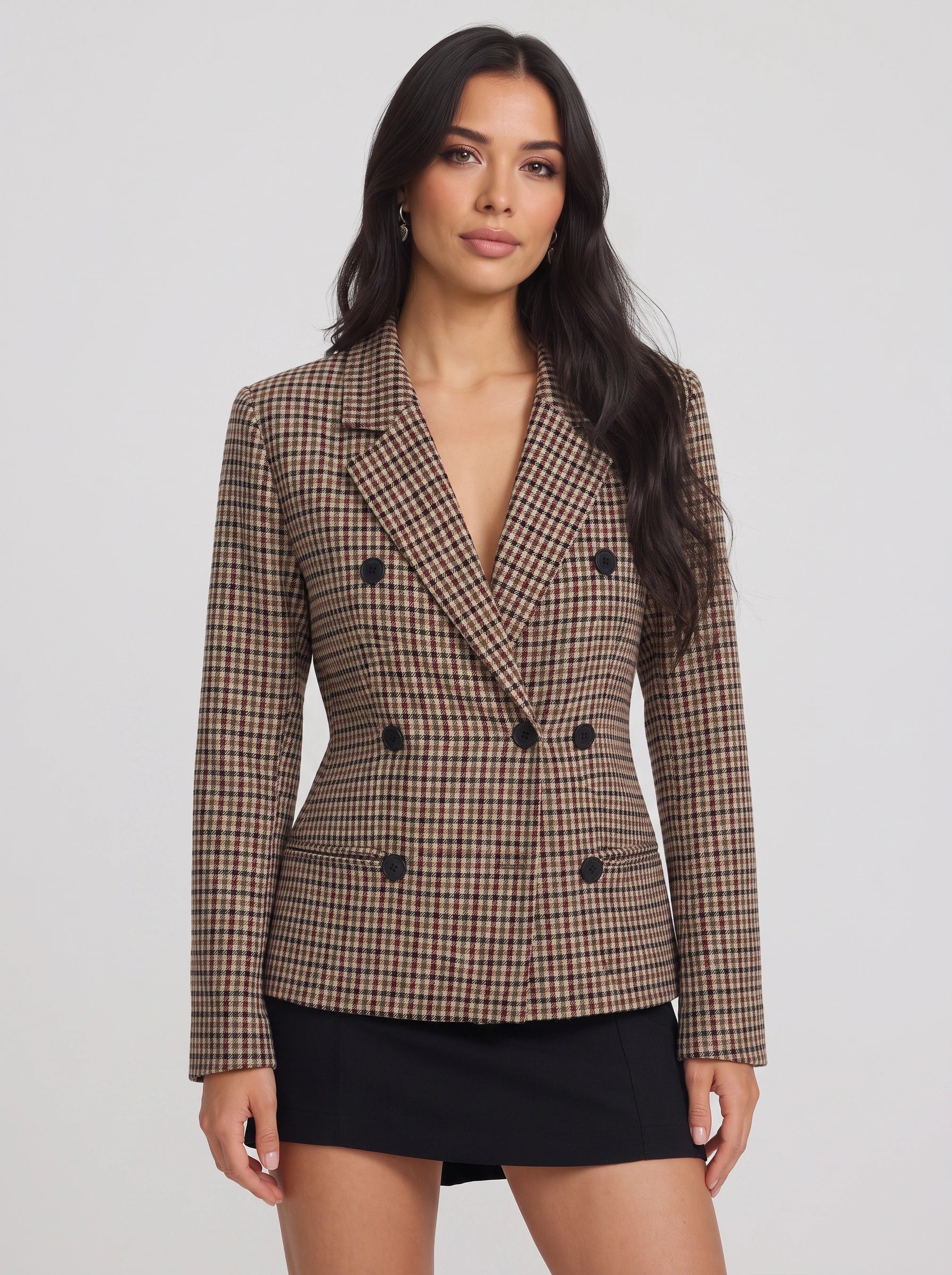 Houndstep Double-Breasted Fitted Blazer – Brown Houndstooth Check Women Tailored Office Smart Casual Blazer