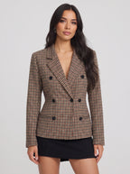 Houndstep Double-Breasted Fitted Blazer – Brown Houndstooth Check Women Tailored Office Smart Casual Blazer