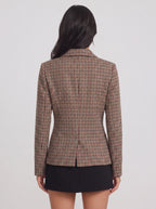 Houndstep Double-Breasted Fitted Blazer – Brown Houndstooth Check Women Tailored Office Smart Casual Blazer
