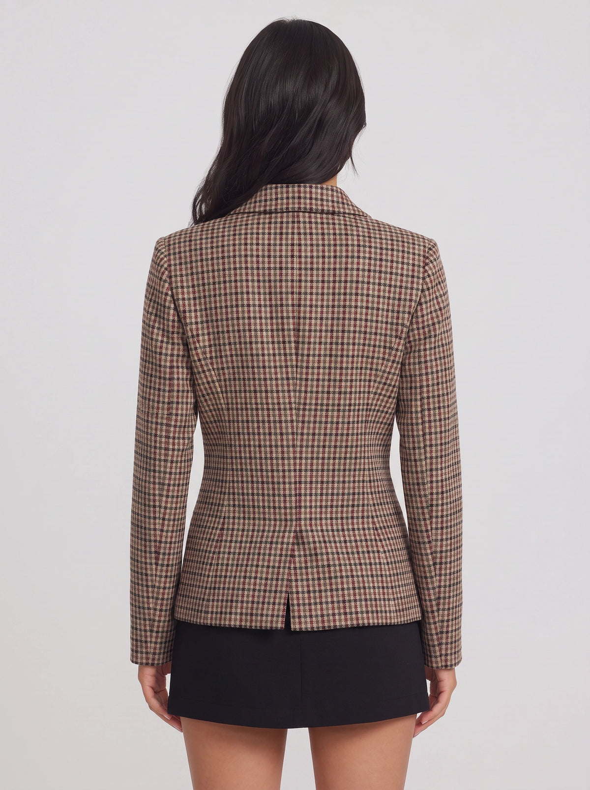 Houndstep Double-Breasted Fitted Blazer – Brown Houndstooth Check Women Tailored Office Smart Casual Blazer