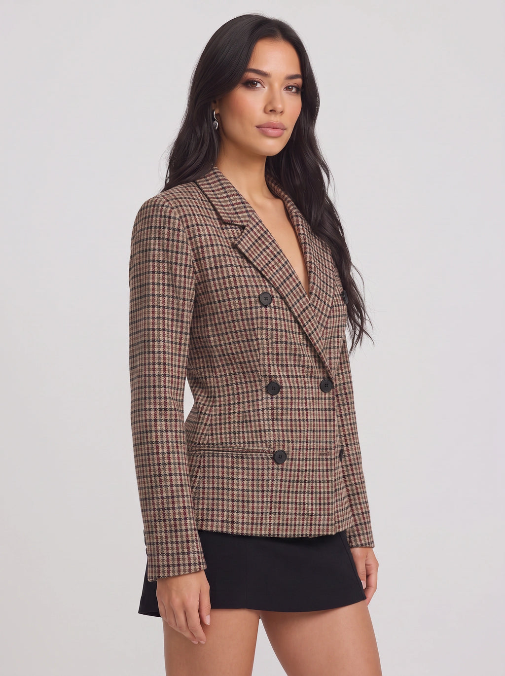 Houndstep Double-Breasted Fitted Blazer – Brown Houndstooth Check Women Tailored Office Smart Casual Blazer