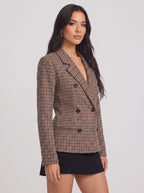 Houndstep Double-Breasted Fitted Blazer – Brown Houndstooth Check Women Tailored Office Smart Casual Blazer