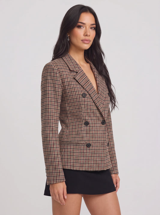 Houndstep Double-Breasted Fitted Blazer – Brown Houndstooth Check Women Tailored Office Smart Casual Blazer