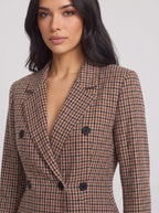 Houndstep Double-Breasted Fitted Blazer – Brown Houndstooth Check Women Tailored Office Smart Casual Blazer
