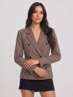 Houndstep Double-Breasted Fitted Blazer – Brown Houndstooth Check Women Tailored Office Smart Casual Blazer