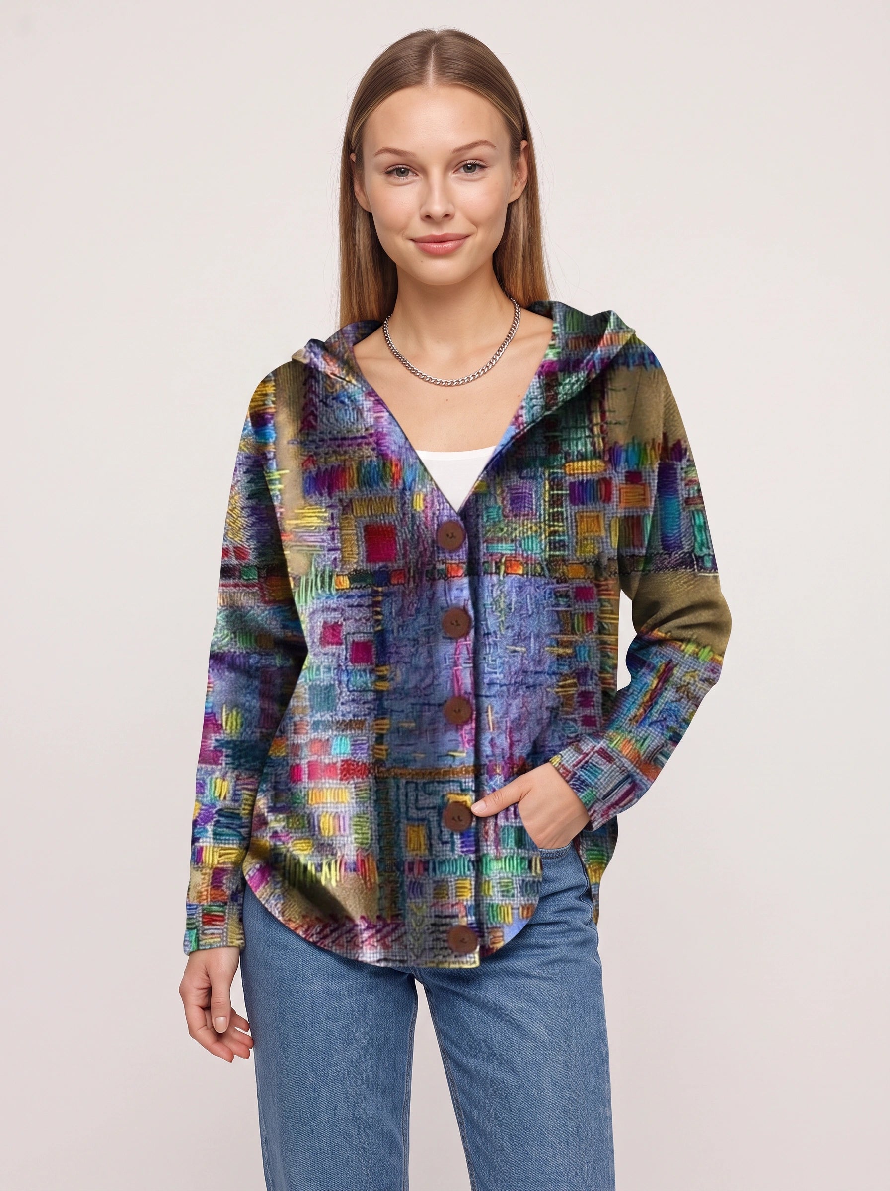 Patchtura Abstract Print Hooded Button-Up Cardigan – Women Casual Bohemian Lightweight Hooded Cardigan