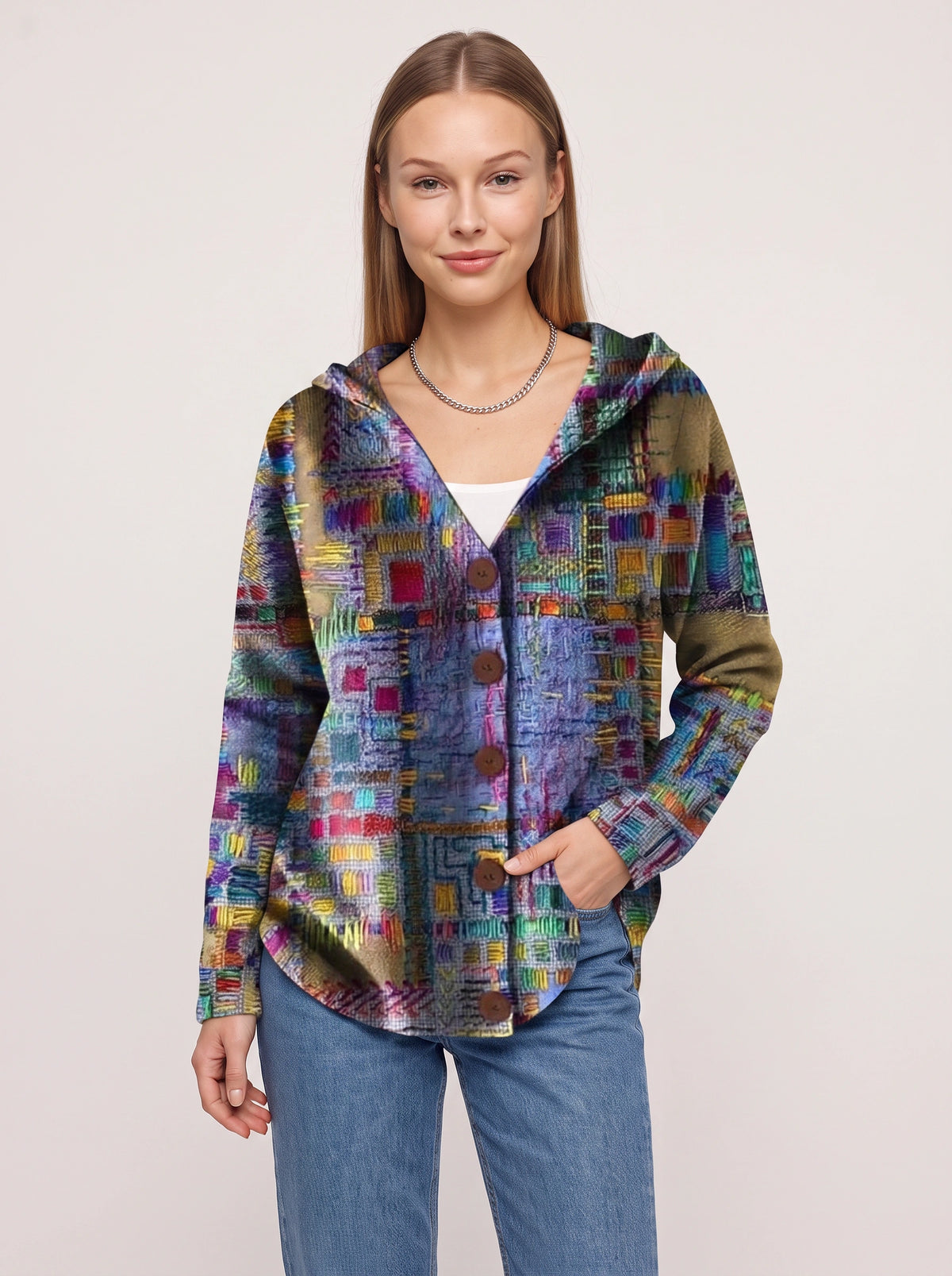 Patchtura Abstract Print Hooded Button-Up Cardigan – Women Casual Bohemian Lightweight Hooded Cardigan