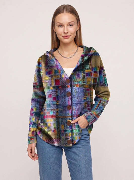 Patchtura Abstract Print Hooded Button-Up Cardigan – Women Casual Bohemian Lightweight Hooded Cardigan