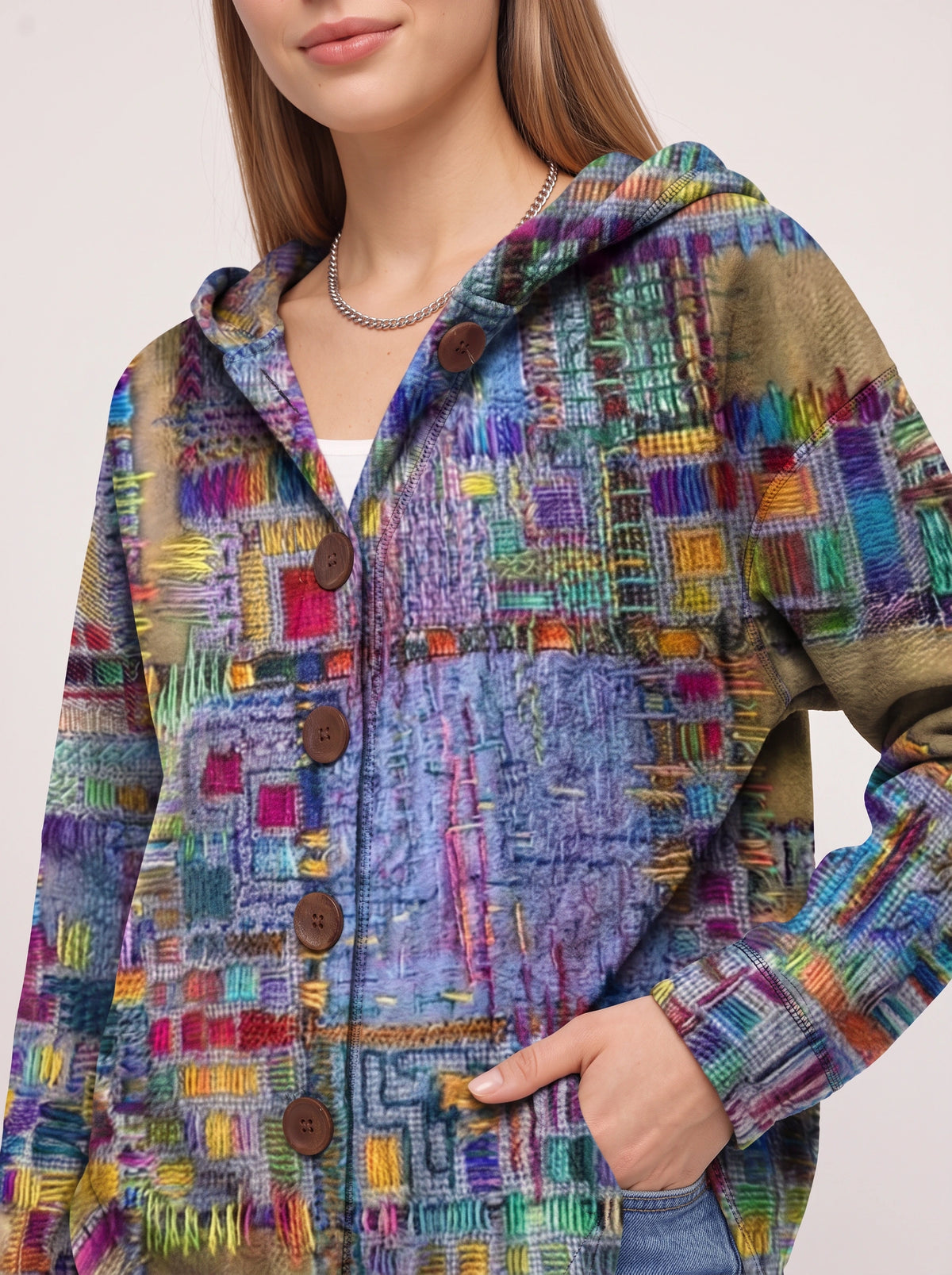 Patchtura Abstract Print Hooded Button-Up Cardigan – Women Casual Bohemian Lightweight Hooded Cardigan