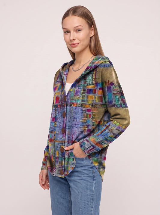 Patchtura Abstract Print Hooded Button-Up Cardigan – Women Casual Bohemian Lightweight Hooded Cardigan