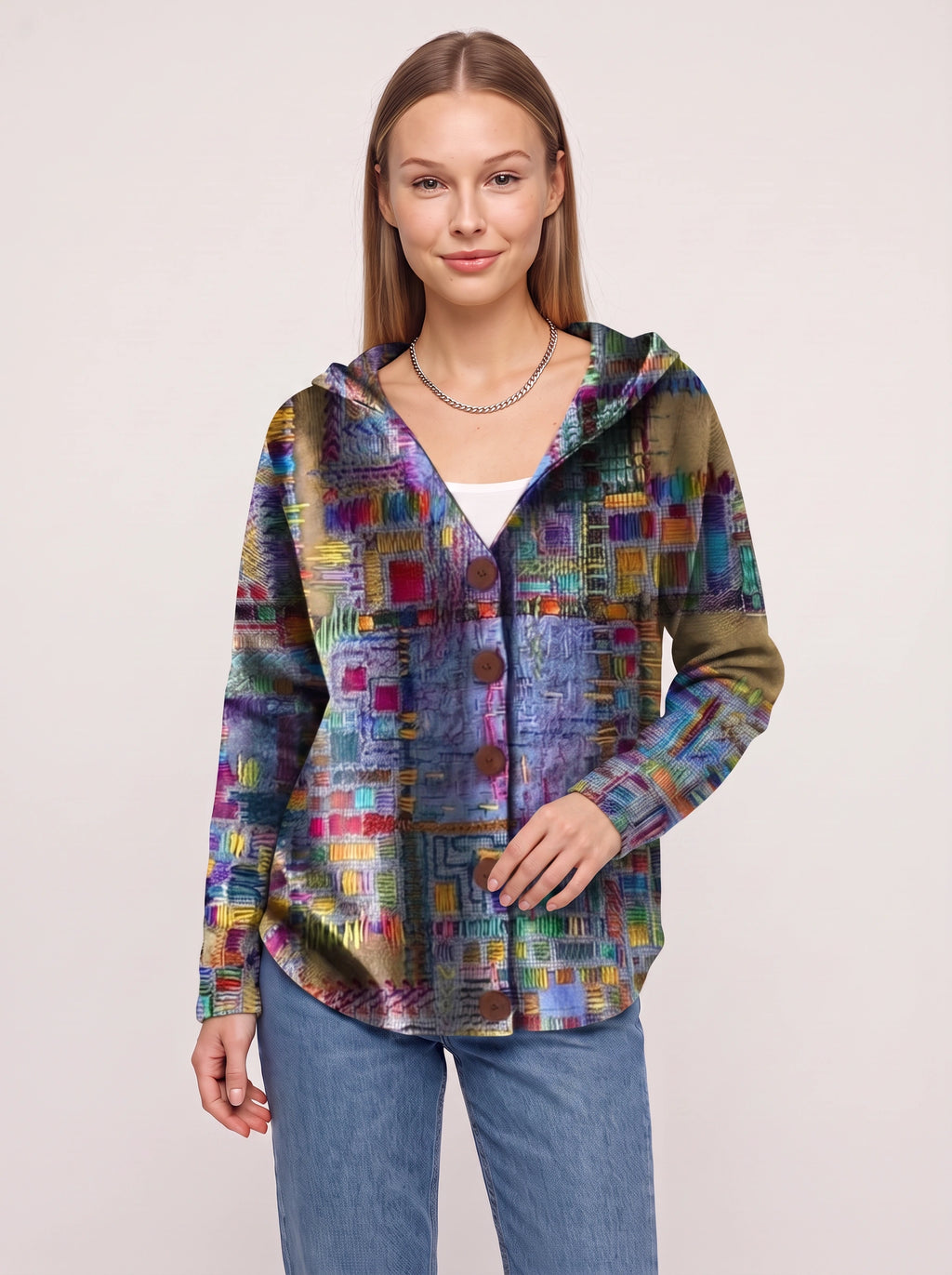 Patchtura Abstract Print Hooded Button-Up Cardigan – Women Casual Bohemian Lightweight Hooded Cardigan