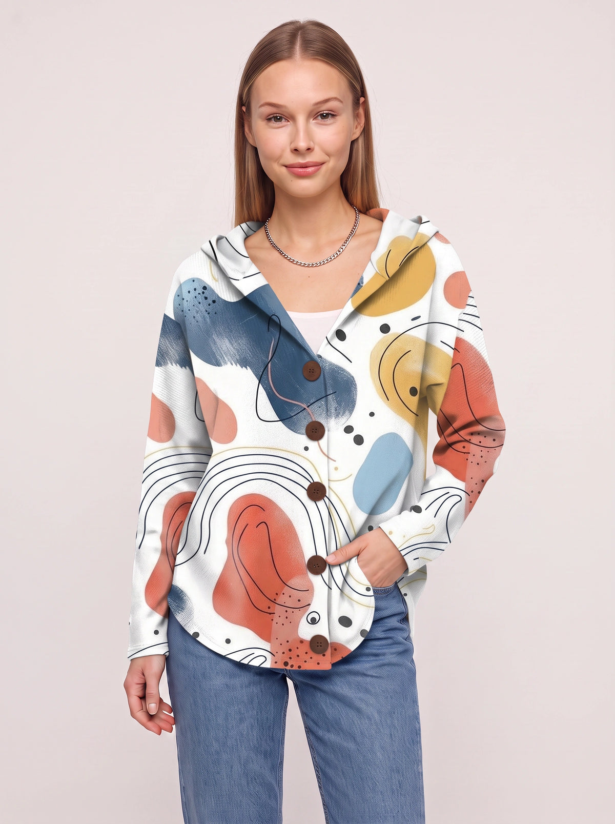 Patchtura Abstract Print Hooded Button-Up Cardigan – Women Casual Bohemian Lightweight Hooded Cardigan