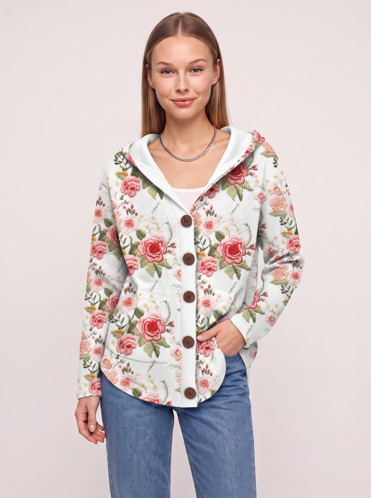 Patchtura Abstract Print Hooded Button-Up Cardigan – Women Casual Bohemian Lightweight Hooded Cardigan