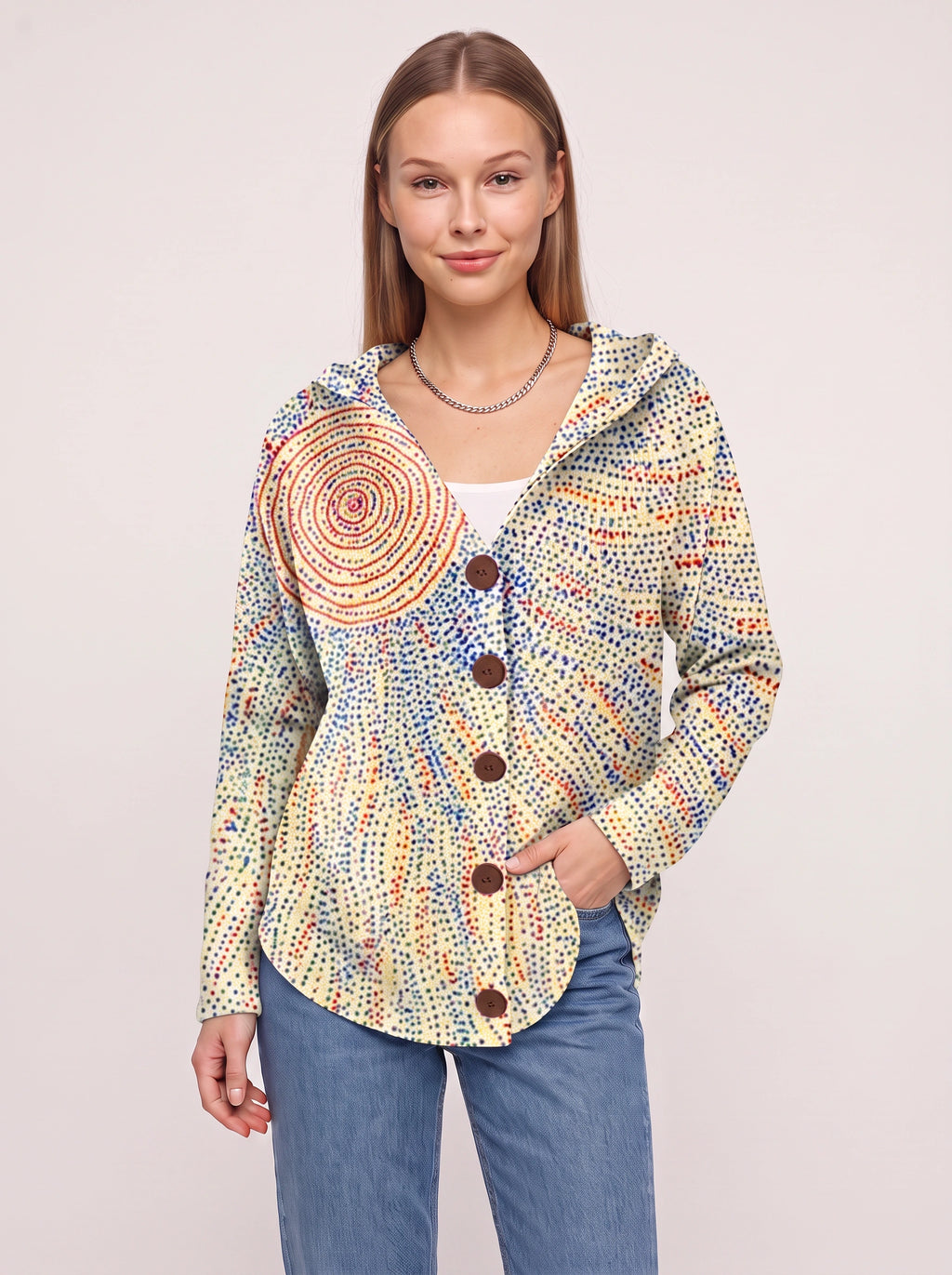 Patchtura Abstract Print Hooded Button-Up Cardigan – Women Casual Bohemian Lightweight Hooded Cardigan