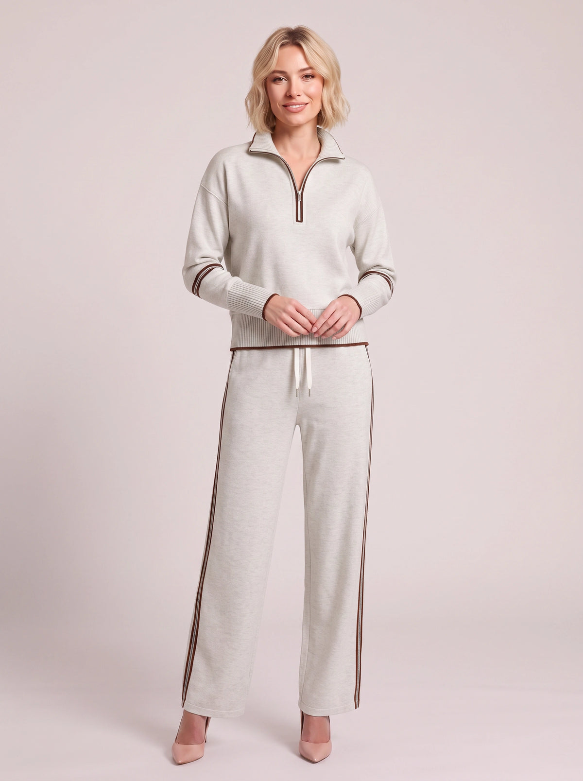 Ribwick Half-Zip Knit Tracksuit Co-Ord Set – Women Loungewear Casual Two Piece Knitted Jogger Tracksuit