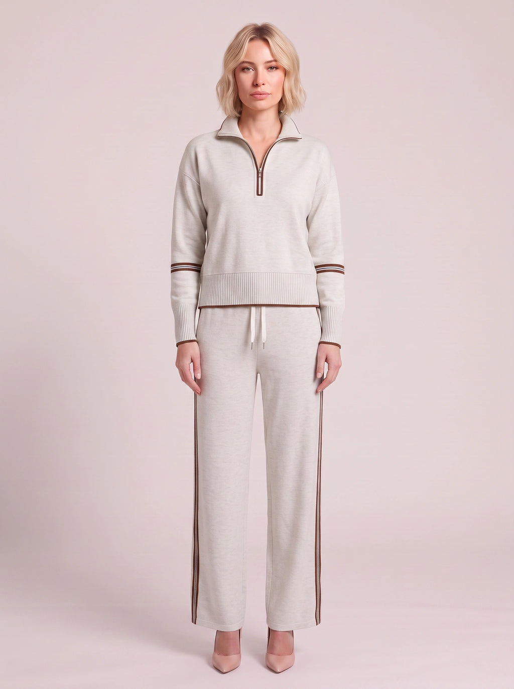 Ribwick Half-Zip Knit Tracksuit Co-Ord Set – Women Loungewear Casual Two Piece Knitted Jogger Tracksuit