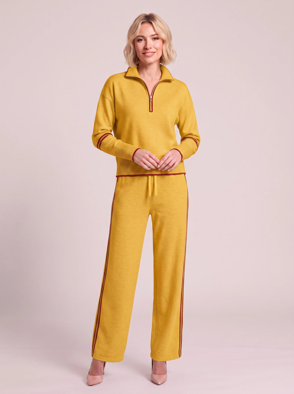 Ribwick Half-Zip Knit Tracksuit Co-Ord Set – Women Loungewear Casual Two Piece Knitted Jogger Tracksuit