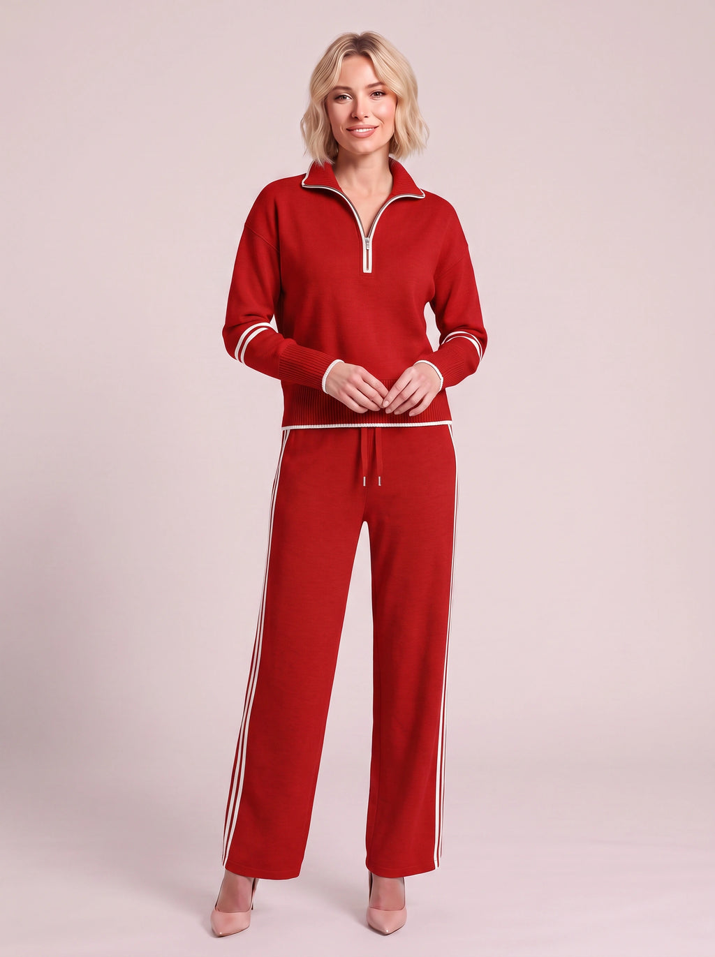 Ribwick Half-Zip Knit Tracksuit Co-Ord Set – Women Loungewear Casual Two Piece Knitted Jogger Tracksuit