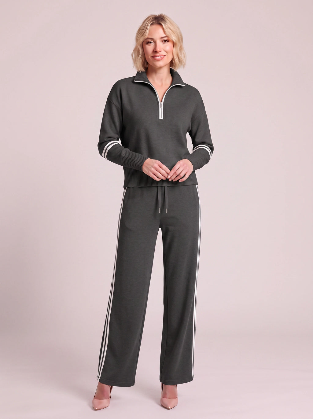 Ribwick Half-Zip Knit Tracksuit Co-Ord Set – Women Loungewear Casual Two Piece Knitted Jogger Tracksuit