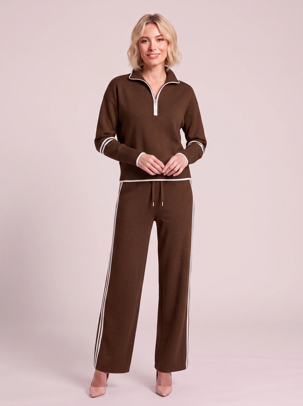 Ribwick Half-Zip Knit Tracksuit Co-Ord Set – Women Loungewear Casual Two Piece Knitted Jogger Tracksuit
