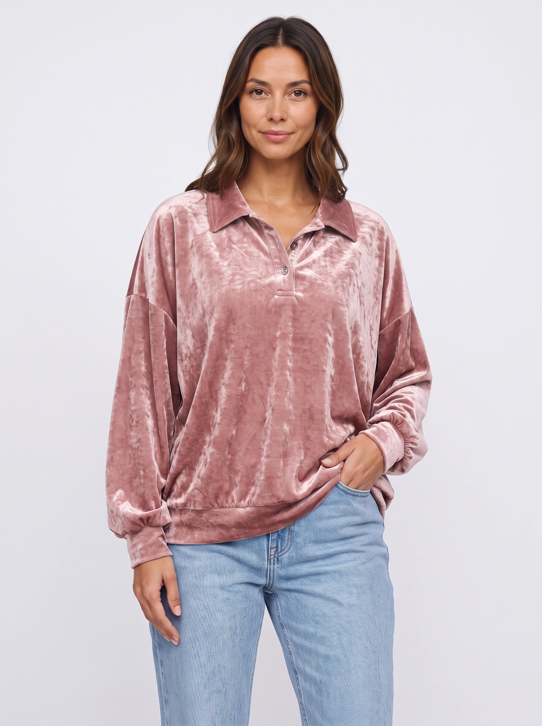 Crushem Velour Collared Polo Sweater Top – Pink Crushed Velvet Oversized Women Autumn Casual Loungewear Long Sleeve Top