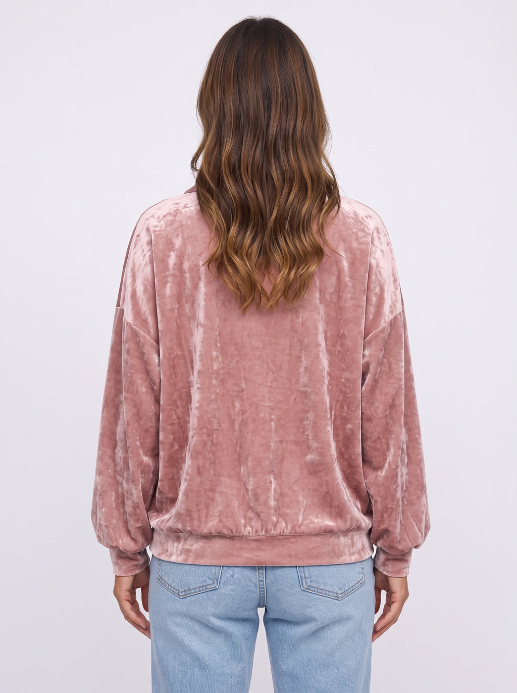 Crushem Velour Collared Polo Sweater Top – Pink Crushed Velvet Oversized Women Autumn Casual Loungewear Long Sleeve Top