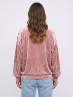 Crushem Velour Collared Polo Sweater Top – Pink Crushed Velvet Oversized Women Autumn Casual Loungewear Long Sleeve Top