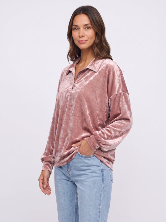 Crushem Velour Collared Polo Sweater Top – Pink Crushed Velvet Oversized Women Autumn Casual Loungewear Long Sleeve Top
