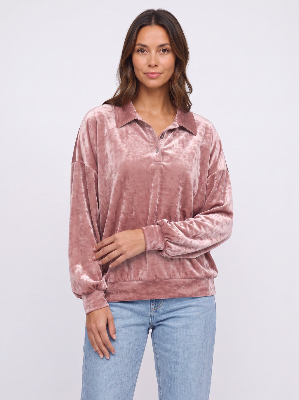 Crushem Velour Collared Polo Sweater Top – Pink Crushed Velvet Oversized Women Autumn Casual Loungewear Long Sleeve Top