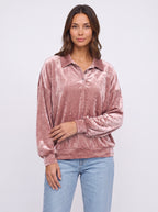Crushem Velour Collared Polo Sweater Top – Pink Crushed Velvet Oversized Women Autumn Casual Loungewear Long Sleeve Top