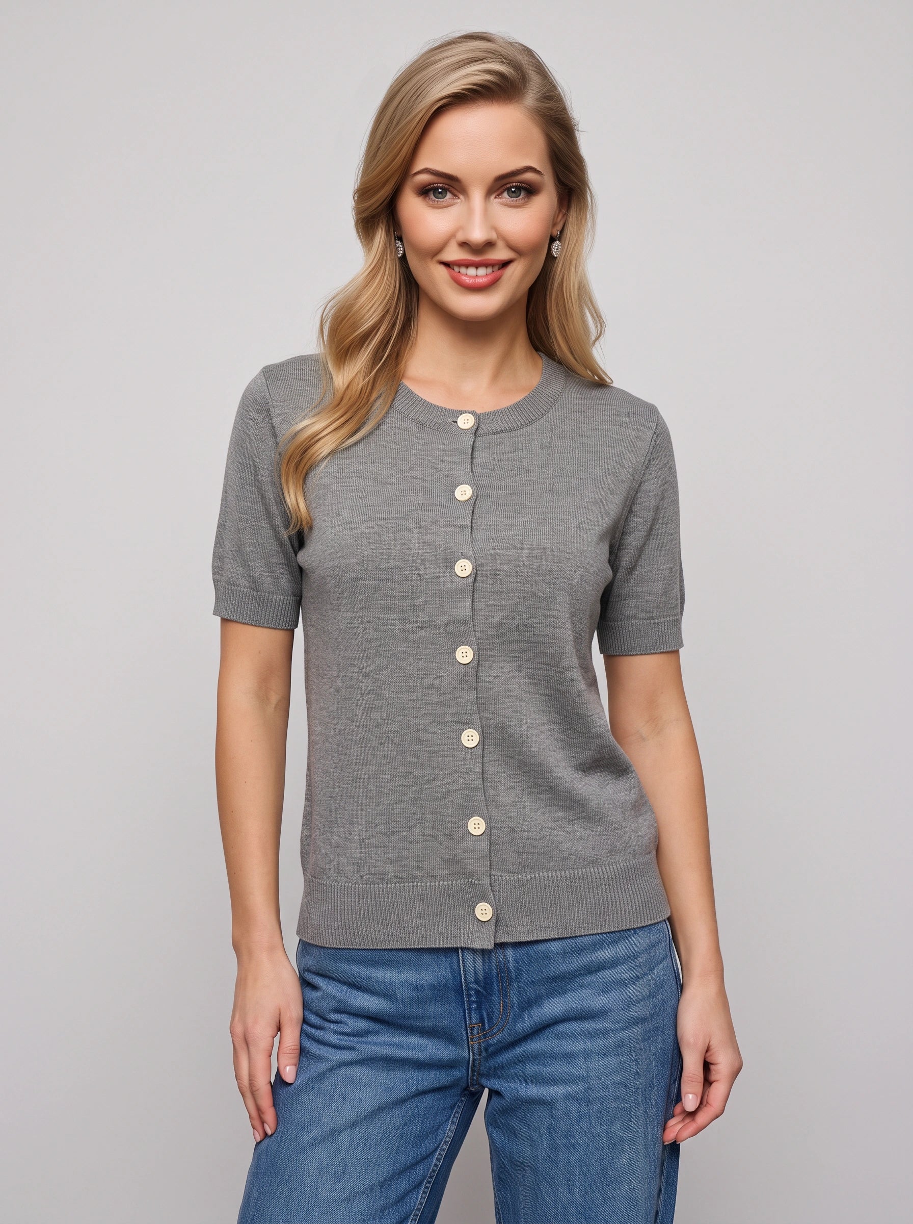 Bottura Round-Neck Short Sleeve Cardigan – Ribbed Knit Women Casual Office Work Autumn Button-Front Cardigan