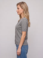 Bottura Round-Neck Short Sleeve Cardigan – Ribbed Knit Women Casual Office Work Autumn Button-Front Cardigan