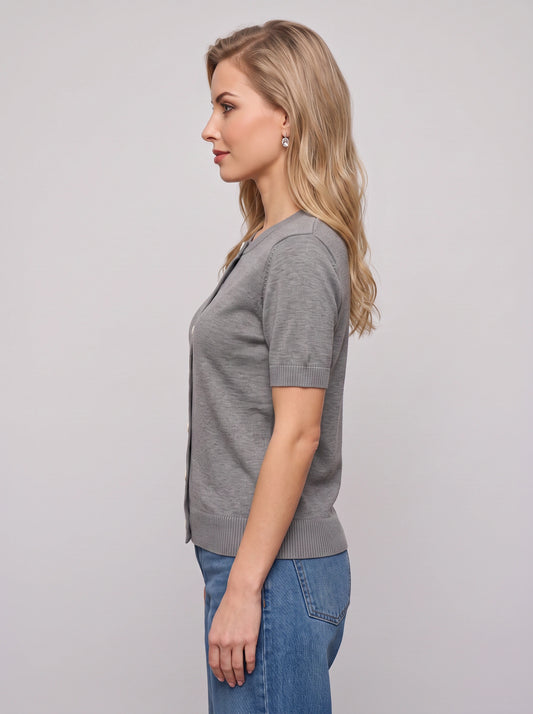 Bottura Round-Neck Short Sleeve Cardigan – Ribbed Knit Women Casual Office Work Autumn Button-Front Cardigan