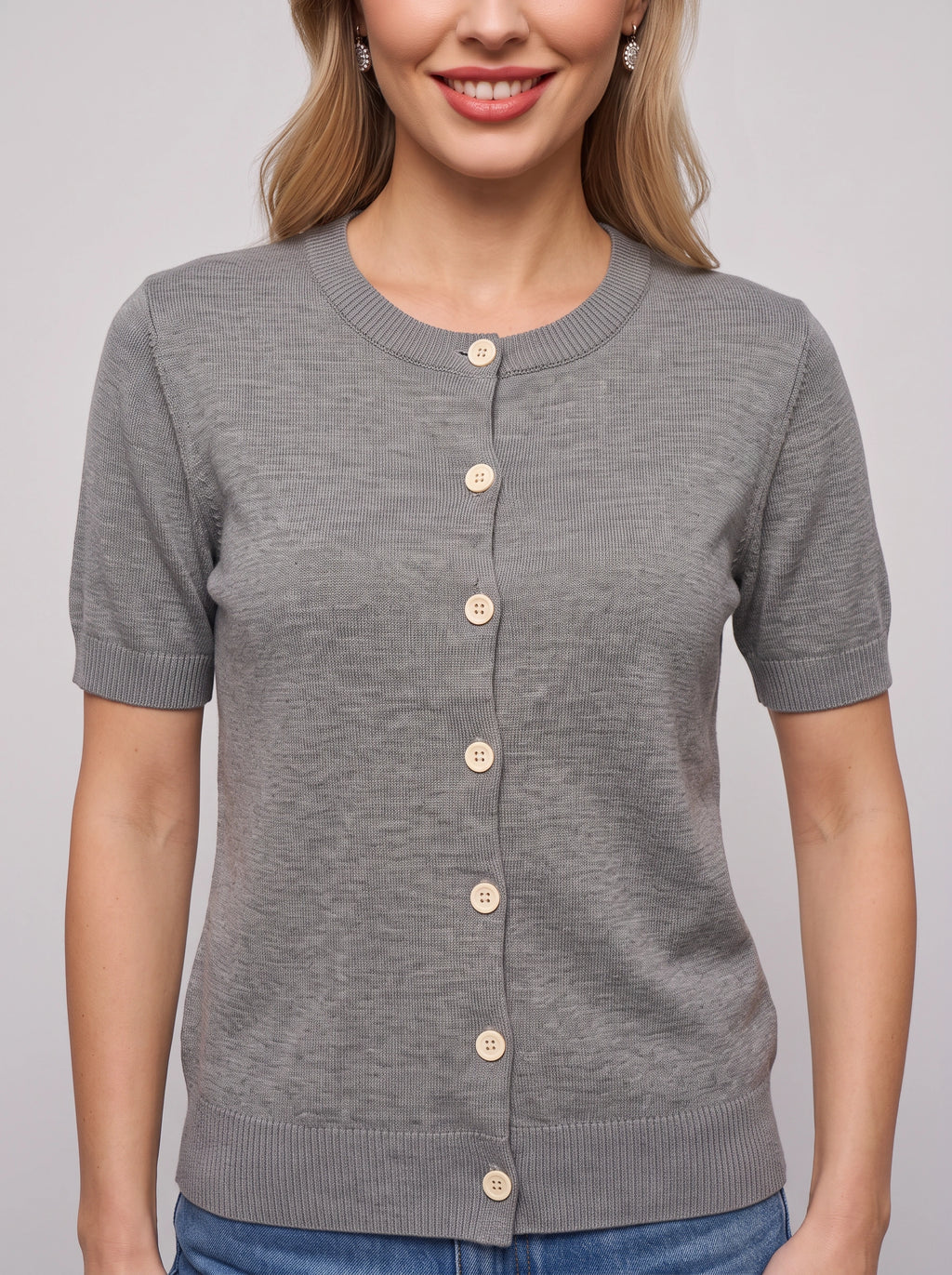 Bottura Round-Neck Short Sleeve Cardigan – Ribbed Knit Women Casual Office Work Autumn Button-Front Cardigan