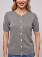 Bottura Round-Neck Short Sleeve Cardigan – Ribbed Knit Women Casual Office Work Autumn Button-Front Cardigan