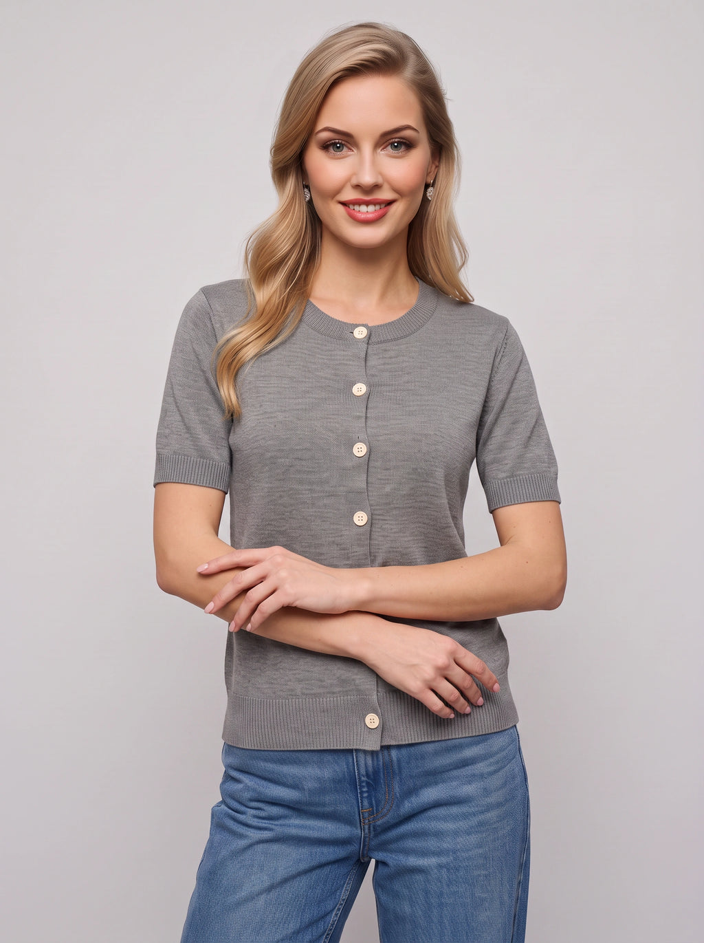 Bottura Round-Neck Short Sleeve Cardigan – Ribbed Knit Women Casual Office Work Autumn Button-Front Cardigan