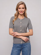 Bottura Round-Neck Short Sleeve Cardigan – Ribbed Knit Women Casual Office Work Autumn Button-Front Cardigan