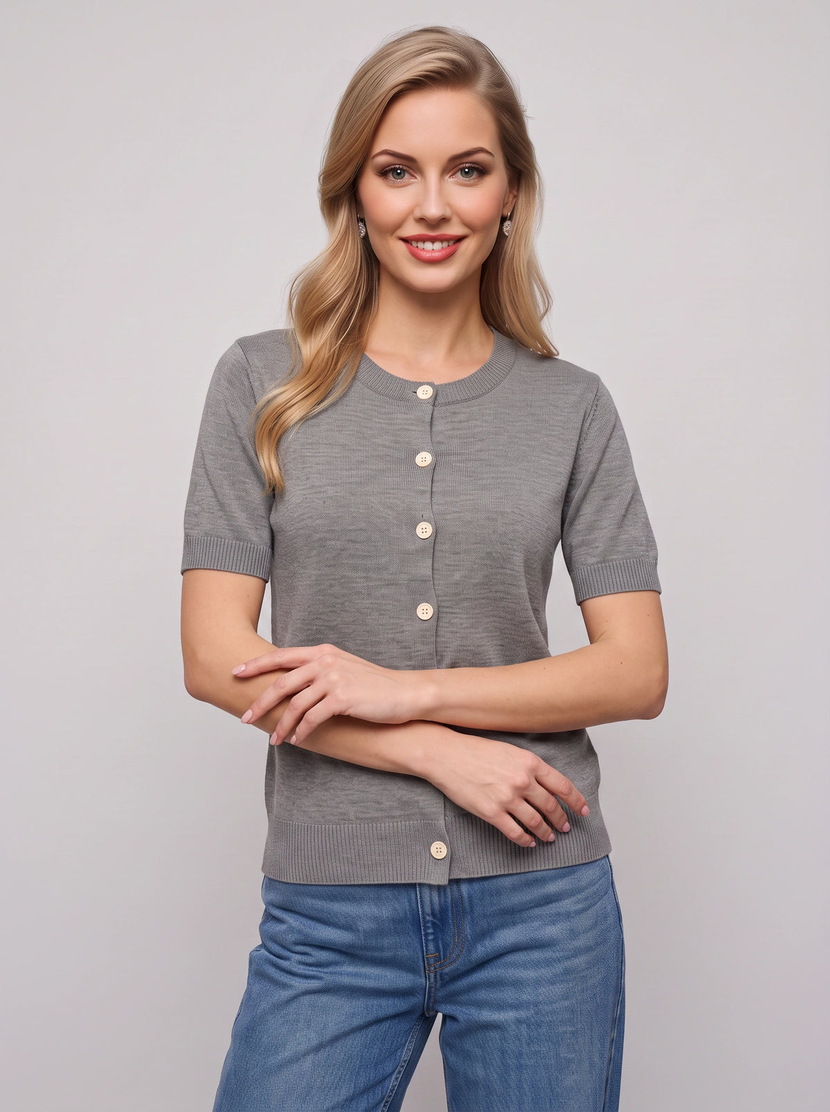 Bottura Round-Neck Short Sleeve Cardigan – Ribbed Knit Women Casual Office Work Autumn Button-Front Cardigan