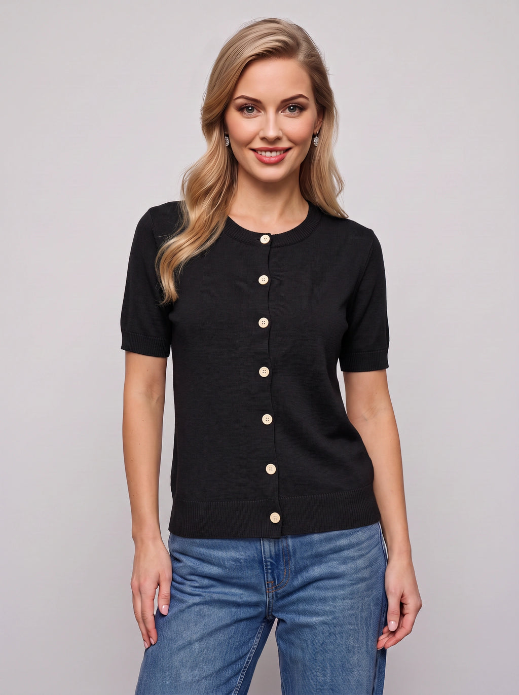 Bottura Round-Neck Short Sleeve Cardigan – Ribbed Knit Women Casual Office Work Autumn Button-Front Cardigan