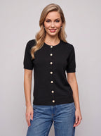 Bottura Round-Neck Short Sleeve Cardigan – Ribbed Knit Women Casual Office Work Autumn Button-Front Cardigan