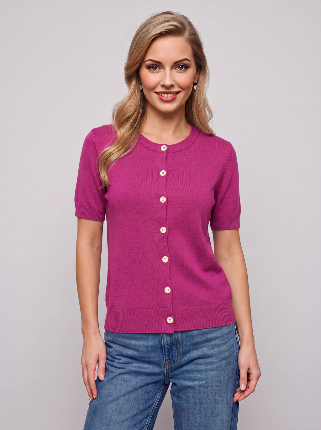 Bottura Round-Neck Short Sleeve Cardigan – Ribbed Knit Women Casual Office Work Autumn Button-Front Cardigan