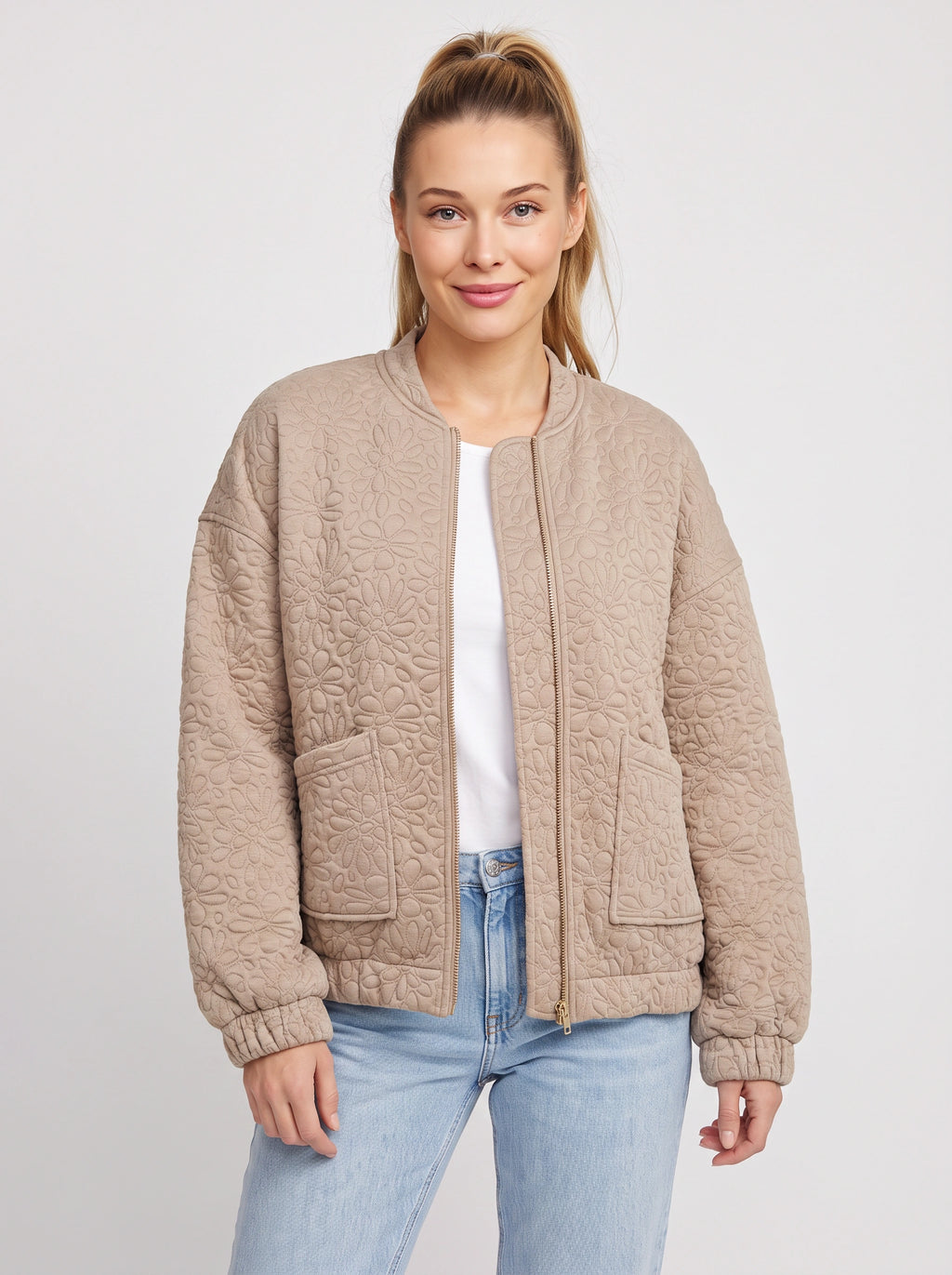 Floralief Quilted Bomber Jacket – Taupe Padded Bomber Jacket Womens Casual Autumn Lightweight Floral Embossed Coat