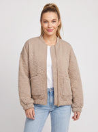 Floralief Quilted Bomber Jacket – Taupe Padded Bomber Jacket Womens Casual Autumn Lightweight Floral Embossed Coat