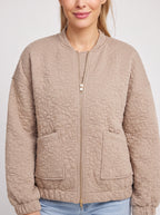Floralief Quilted Bomber Jacket – Taupe Padded Bomber Jacket Womens Casual Autumn Lightweight Floral Embossed Coat