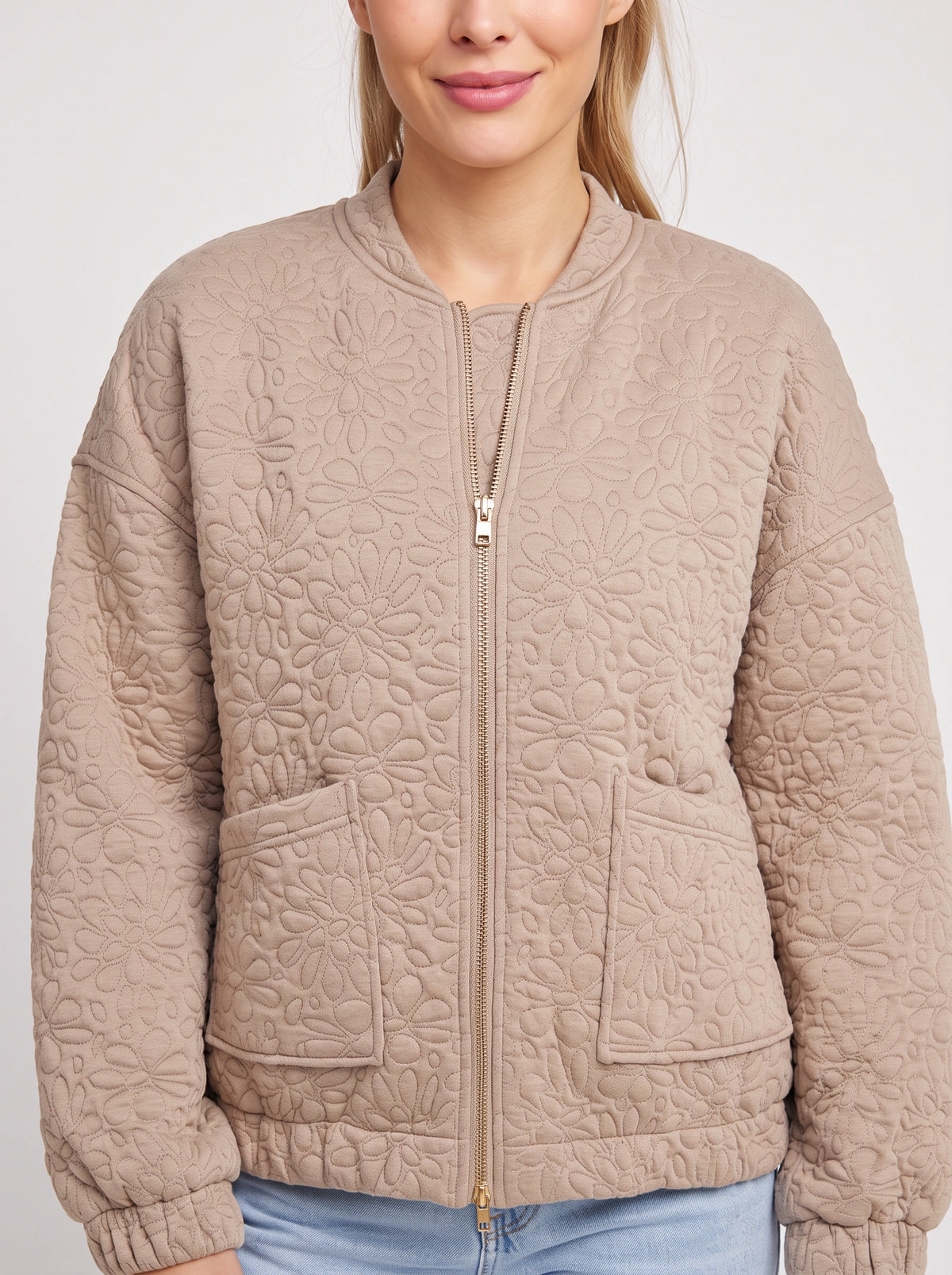 Floralief Quilted Bomber Jacket – Taupe Padded Bomber Jacket Womens Casual Autumn Lightweight Floral Embossed Coat