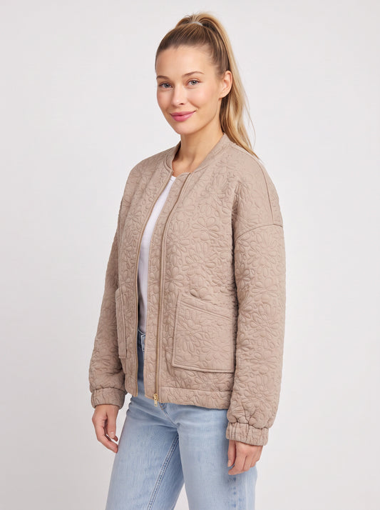 Floralief Quilted Bomber Jacket – Taupe Padded Bomber Jacket Womens Casual Autumn Lightweight Floral Embossed Coat